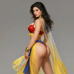 Full portrait of Elementalist, female, gorgeous, beautiful face, Red and blue garments, yellow robes, brass bracelets, transparent cloak from neck to ankles, pin-up, shapely toned derriere, highly detailed, smooth, sharp focus, digital painting, illustration, by by Albert Aublet, Krenz Cushart, WLOP and Sakimichan, artstation