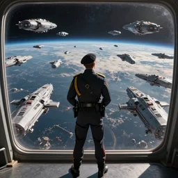 A loyal and decorated commissar in the Vladof army stands with his hands behind his back looks through a windshield admiring the might of a never-ending space fleet orbiting the planet of Pandora, in the style of the Borderlands series, 8k resolution, Extreme long shot, Overhead view, Deep depth of field