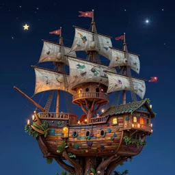 a treehouse made out of a pirate ship, the treetops, night, stars, candles, colorfully, detailed illustration, digital art, overdetailed art, concept art, highly saturated colors, detailed illustration, hd, 4 k, digital art, cgsociety and beeple highly detailed, cinematic lighting, illustration, art, very coherent. high detail, dan mumford, greg, rutkowski, trending on artstation