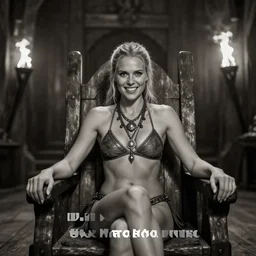 photo shoot pose photo of the viking female warrior on the viking wooden throne in the dark  wooden viking palace lobby, femine attractive symmetrical face, big eyes and lips, beautiful clean face and body skin, brutal joyful face expression, wears ornamental jewelry and bikini, torches alit in the background, depth of field, lens flare, moody lighting, moody photography, old photo, black and white, sepia, cinematic lighting, cinematic angle, editorial photography,award-winning