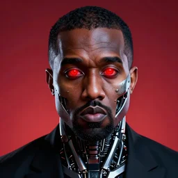 kanye west, glowing red eyes, half of face is exoskeleton, 4k, digital art