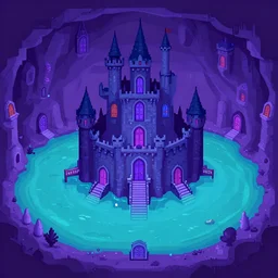 a subterranean magic castle surrounded by a moat, underground catacombs lake castle, digital illustration, a house of many doors art, flat colors, blue and purple color scheme, pixel trickery studios game artwork,