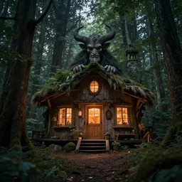 my grandpa build a cozy home in middle of the deep forest, forest demigod headquarter, artistic photo composition, lot of ornamental dim soft lights