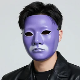 male ulzzang with purple porcelain mask, black leather garment