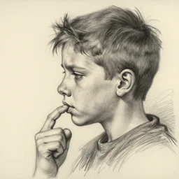 a realistic yet scraggly portrait sketch of the side profile of a stern and sophisticated kid named finger, trending on artstation, intricate details, in the style of frank auerbach, in the style of sergio aragones, in the style of martin ansin, in the style of david aja, in the style of mattias adolfsson
