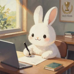 a gouache painting of a cute happy cartoon rabbit sitting at a desk writing on a paper, Alex Ross
