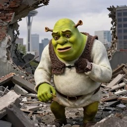 Shrek crying in the bombed out rubble of Seattle, war photograph, detailed, 4k