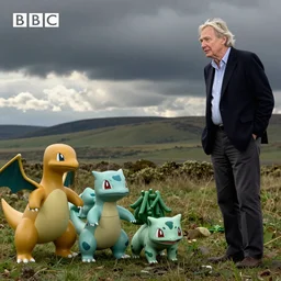 David Attenborough watches a family of Bulbasaurs, tv still from a BBC nature documentary