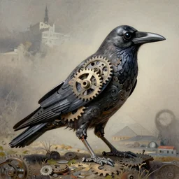 artistic drawing of a surreal crow, made of engrenage by gerald brom and zdzisław beksinski, visionary, detailed, realistic, surreality
