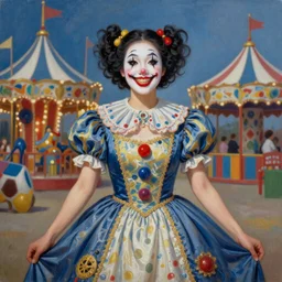 ultra realist soft painting of a single attractive asian female clown with makeup big smile croocked teeth in a long dress, curiosities carnival, symmetry accurate features, very intricate details, focus, curvy, artstyle by Tom Bagshaw, award winning