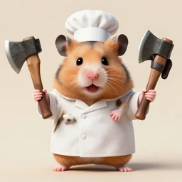 a hamster in a butcher's suit with lots of hands. axes are in their hands. evil face