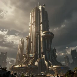 half cyberpunk half steampunk skyscraper