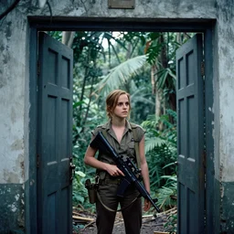 film still, extreme far view, emma watson, jungle, vietnam door gunner, apocalypse now, associated press, 2 6 mm, kodak ektachrome, blue tint expired film - 9