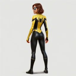 full body character turnaround of a woman in an orb weaver outfit, character sheet, matte painting, spiderwoman!!, john singer sargent, good value control, highly detailed portrait, character turnaround, digital painting, concept art, sharp focus, smooth, 3 d model, illustration, yellow and black color scheme, realistally proportioned body