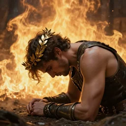 a masculine elegant sad man lowers his head to the ground, we can see a tear rolling his face, from sideview with large shoulders, armor, and wearing golden laurel wreath, there are flames behind him, ethereal horror fantasy art by greg rutkowski and magali villanueve and monet con