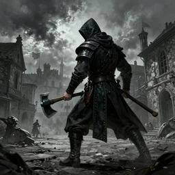 extremely detailed and striking dark fantasy illustration of an executioner holding an axe in a town square, apocalyptic sky