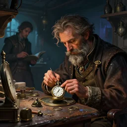 an old watchmaker repairing an old pocket watch in a dark store, steampunk, painted by fenghua zhong and ruan jia and jeremy lipking and peter mohrbacher, mystical colors, rim light, beautiful lighting, 8 k, stunning scene, raytracing, octane, trending on artstation