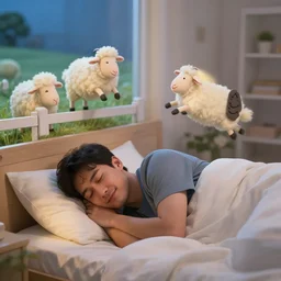 A happy man deep sleeping on a bed, it's around 3 AM and night, he is dreaming about happy white sheeps jumping a fence, his bedroom is an aesthetic happy place, he is very secure and confortable