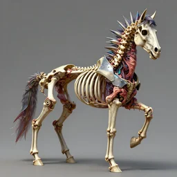 Colorful, vibrant. A spiked detailed horse skeleton with armored joints stands with halberd in hand. Massive shoulderplates. Extremely high details, realistic, fantasy art, solo, masterpiece, bones, ripped flesh, art by Zdzisław Beksiński, Arthur Rackham, Dariusz Zawadzki, Harry Clarke