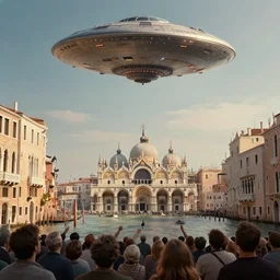 an alien ufo spaceship landing on renaissance italy venice city landscape with beautiful temples by greg rutkowski, artgerm, ross tran, magali villeneuve, intricate, time travel theme, audince in awe, sorrounded, award winning