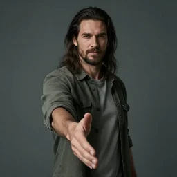 a long, dark haired man with a light beard, dressed casually offering a handshake towards the camera, cinematic, gloomy background, realistic, digital art, character art, 8 k