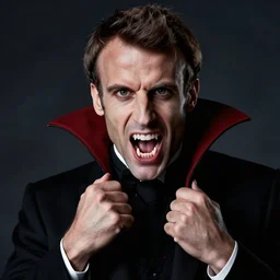 emmanuel macron as dracula showing lowing canine, vampire teeth, vampire, macron, eerie, cinematic, movie still, emmanuel macron, fantasy, natural light, blood, sharp focus, dark ambience, natural light