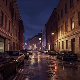 concept art, wet helsinki street at night, in the style of grand theft auto