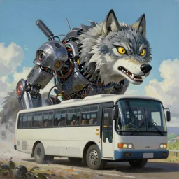Transformer hybrid of bus and wolf, having cabin if form of wolf head with big yellow eyes looking at us full of rage and long body of bus with wheels and windows, mechanical form of life, oil on canvas, fantasy, magic, dream, digital painting, concept art, smooth, sharp focus, illustration, artstation trending, octane render, unreal engine, Ghibli, anime style, cyberpunk