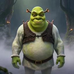 shrek as the villain in horror movie, still, photorealism, mist, fog, award wnning lighting photograph