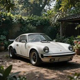 full-length cinematic photo of an abandoned Porsche Boxter concept car in a garden, ultra wide angle lens, photorealistic