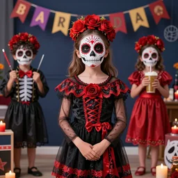 day of the dead costumes, kids birthday party, photoshoot, trending magazine, hyperrealistic, octane render,