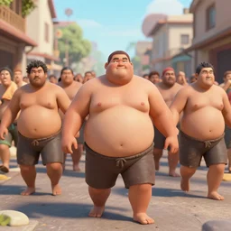 portrait of a horde of fat shirtless people raiding the streets of new york city, motion blur, 4 k editorial photograph, soft lighting, people running