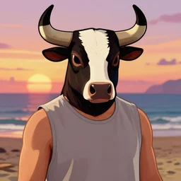 human wearing a bull mask in the style of gta v artwork, digital art, sunset, sharp focus, classical painting, beach, vivid color