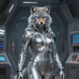 highly detailed digital painting, silver female anthro - lynx, blue eyes, human with head of lynx, long furred, muscular, wearing flight suit, in starship reactor room on the nostromo, ron cobb, classic science fiction, trending on artstation,