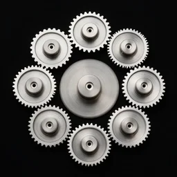 nine symmetrical round gears arranged in a diamond shape, spinning like tops, black background, by yuumei, bayard wu, wlop, tim white, ross tran