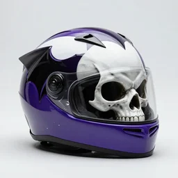 a motorcycle helmut with stylized vampire skull with bat like proportions as a design in the style of the 2018 film spiderverse