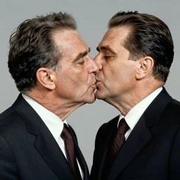 Photorealistic portrait of Richard Nixon kissing Joseph Stalin