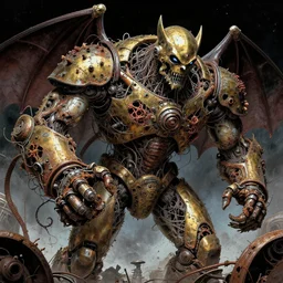 movie still of space bat embattled near star substation, in a dreamed insanity, intricately macerated by age, sentient, dethroned goliath machine, grasp of blood turbines, hydrocracking, rusted, macerated, eviscerated by fimbria wires, bicornate fungal pit, brass sheen rotting, by jack kirby, alberto bontempi,