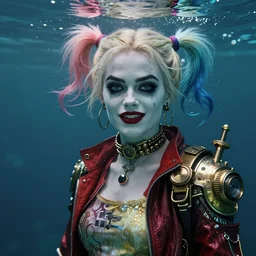 underwater steampunk portrait of emma stone as harley quinn, hyper detailed, digital art, cinematic lighting, studio quality, smooth render, unreal engine 5, octane rendered, art style by klimt and nixeu and ian sprigger and krenz cushart.