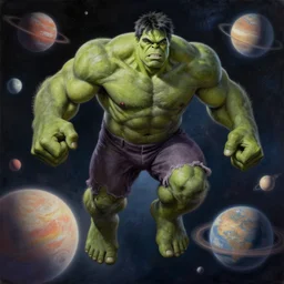 giant Hulk floating among the planets in the solar system, oil on canvas, intricate, 8k highly professionally detailed, HDR, CGsociety