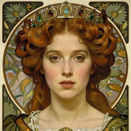 realistic detailed face portrait of beautiful young Queen Elizabeth Tudor in the style of Alphonse Mucha by Alphonse Mucha, Ayami Kojima, Yoshitaka Amano, Charlie Bowater, Greg Hildebrandt, Jean Delville, Adam Hughes, Karol Bak, and Mark Brooks, Art Nouveau, Gothic Revival, Pre-Raphaelite, exquisite fine details, William Morris botanicals, deep rich moody colors