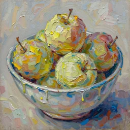 palette knife painting of a close up of a three - dimensional thick impasto oil painting of a beautiful bowl of fruit, seen through complex globular texture, lots of thick encrusted paint, vast amounts of wax - like lines of dripping oil paint cover nearly everything, painted by monet signac and frank auerbach, background thick encrusted paint