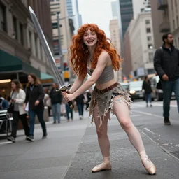 a girl with a giant smile:: red hair:: freckles:: septum jewelry:: fair skin:: tattered ballet clothes:: she is holding a large sword:: standing in a busy street:: in New York city:: wide angle:: tilt shift lens:: full body:: long shot:: volumetric lighting:: cinematic:: 8K:: octane render:: trending on artstation:: hyper realistic:: photo realistic:: extreme detail::