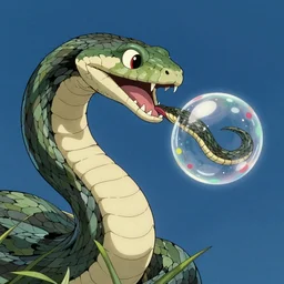 unrealistic studio ghibli manga action shot from close encounters of the third kind 1 9 7 7 of a snake swallowing a snake bubble.