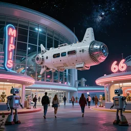 future space station!! in outer space with route 6 6, americana architecture, neon signs, happy people walking and retro robots, huge glass windows, stars, wide angle photo, detailed, kodachrome