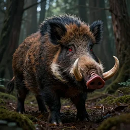 monstrous wild boar with red eyes and many giant tusks, in redwood forest, dim colors, forest, highly detailed illustration, masterpiece, fantasy, magical, hyperdetailed, realistic, witch fairytale, 4 k, 8 k, highly detailed matte painting, dungeons and dragons