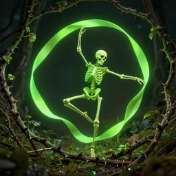 the skeleton of a fairy is ribbon dancing on a thorny vine. the ribbon is neon green, retro wave