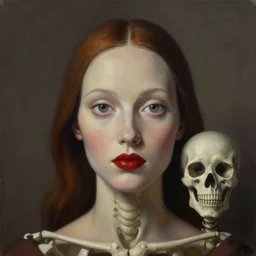 a surrealistic head and shoulder painting of a gorgeous female skeleton with eyeballs and red lipstick, in the style of rene magritte and zdzislaw beksinski and mark ryden, digital art, detailed masterpiece