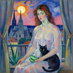 close portrait of woman in transparent vaporous night gown with cat and aloe vera, with city with gothic cathedral seen from a window frame with curtains. sun through the clouds, vivid iridescent colors. agnes pelton, egon schiele, munch, henri de toulouse - lautrec, utamaro, monet