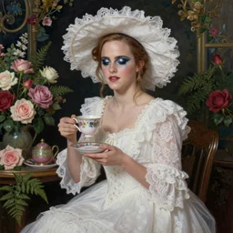 full body fashion model emma watson smokey eyes makeup eye shadow textured film grain oil on canvas fantasy, glow, shimmer as victorian woman in a long white frilly lace dress and a large white hat having tea in a sunroom filled with flowers, roses and lush fern flowers ,intricate, night, highly detailed, dramatic lighting , high quality
